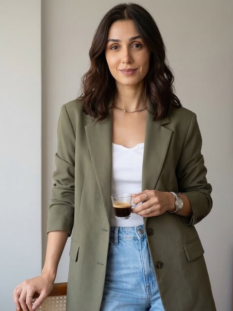 Nutricionista Karla Gaia de blazer verde segurando um café